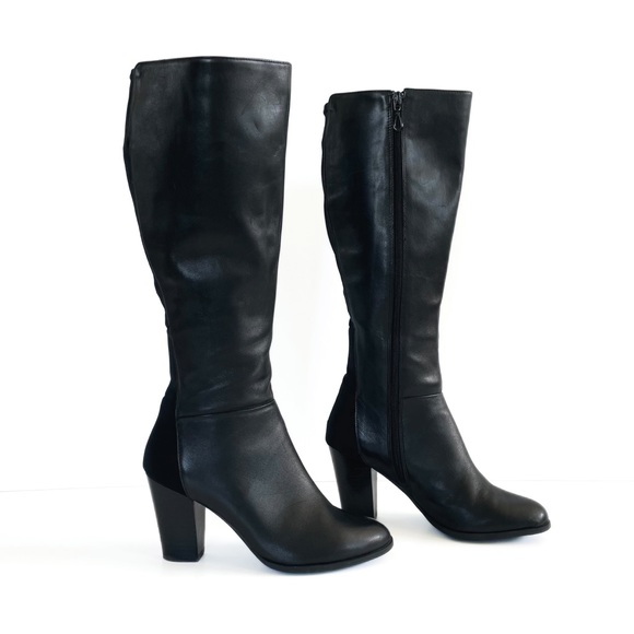 Me Too Shoes | Me Too Mixed Media Tall Leather Boots Stacked Heel Harlow Sock Like Upper Size 8 | Color: Black | Size: 8 | Evermoreeverly's Closet